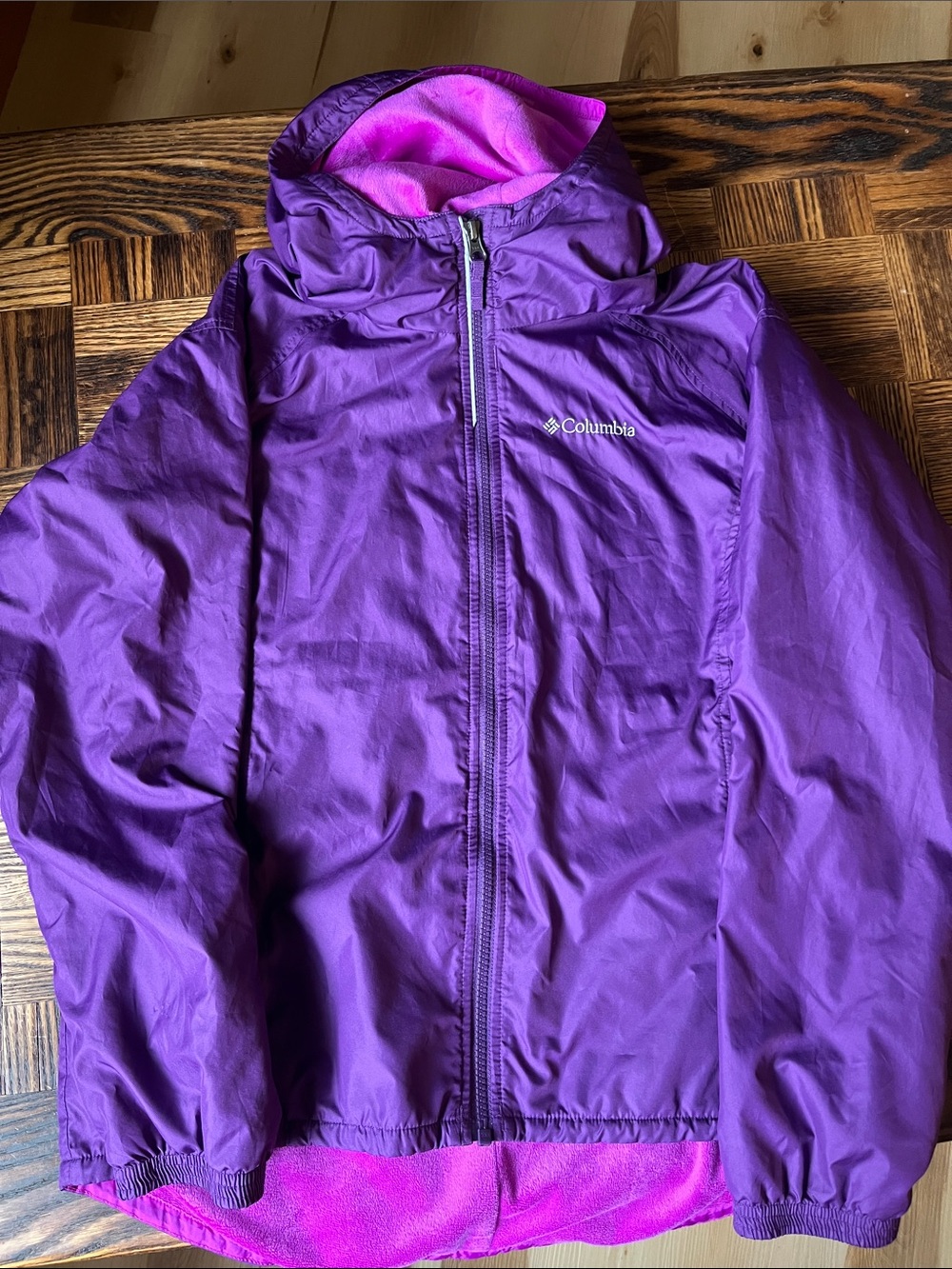 Columbia Kids Purple Hooded Raincoat with soft light purple Lining